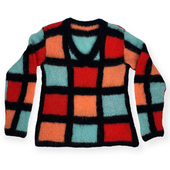70's hand knitted mohair color block sweater - Picture 8 of 14